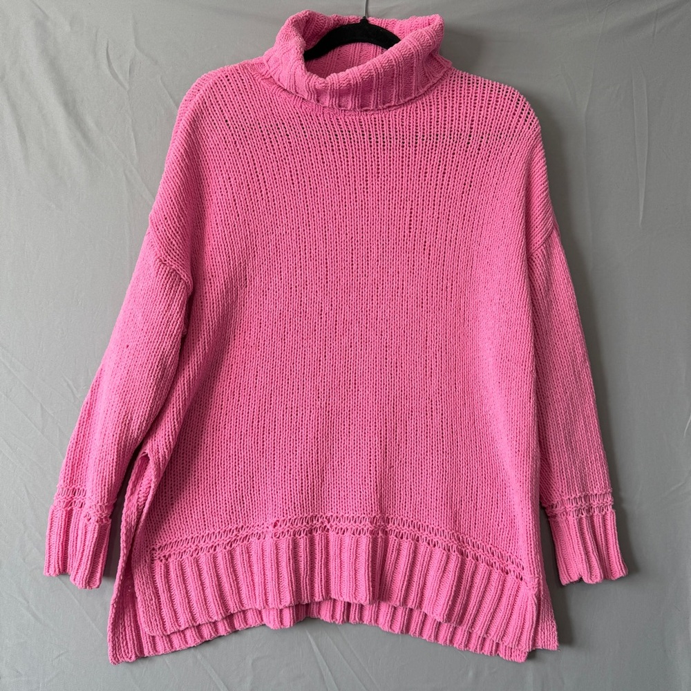 Aerie Womens Oversized Chenille Turtleneck Sweater S Hot Pink Slouchy Ribbed Hem